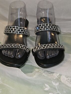 Black Rhinestone Double-Strap Slide Sandals - Elegant Women's Footwear